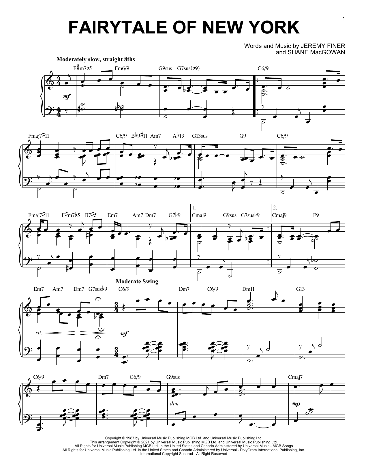 The Pogues featuring Kirsty MacColl Fairytale Of New York [Jazz version] (arr. Brent Edstrom) Sheet Music Notes & Chords for Piano Solo - Download or Print PDF