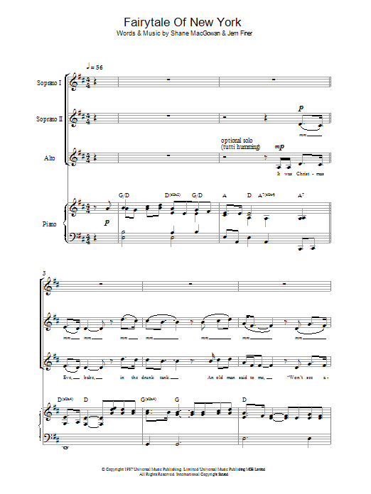 The Pogues & Kirsty MacColl Fairytale Of New York (arr. Christopher Hussey) Sheet Music Notes & Chords for SSA - Download or Print PDF