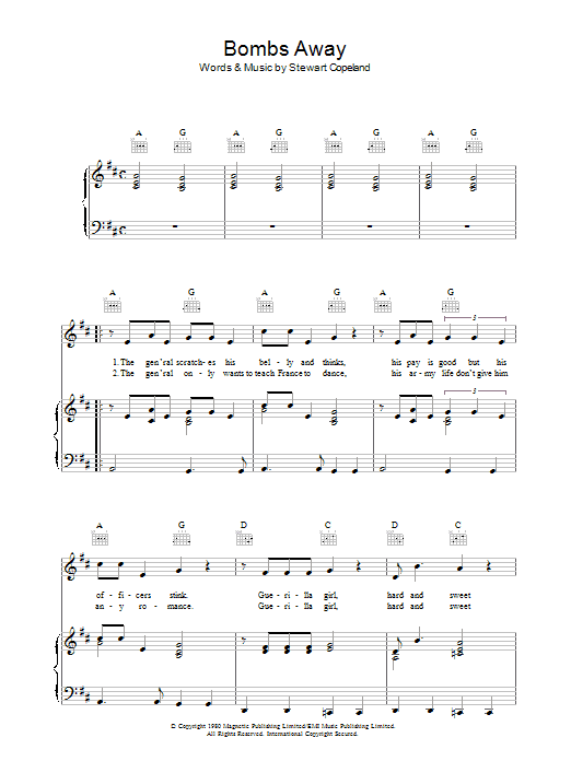 The Police Bombs Away Sheet Music Notes & Chords for Piano, Vocal & Guitar (Right-Hand Melody) - Download or Print PDF