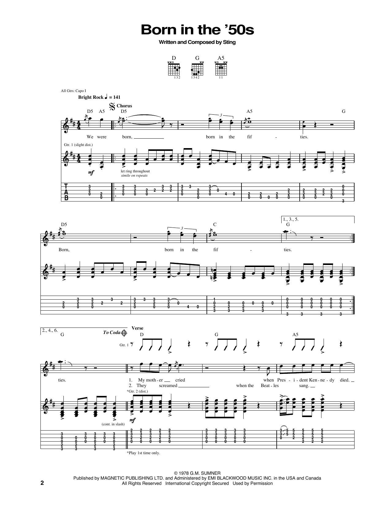 The Police Born In The 50's Sheet Music Notes & Chords for Guitar Tab - Download or Print PDF