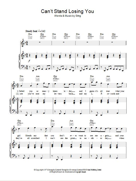 The Police Can't Stand Losing You Sheet Music Notes & Chords for Piano, Vocal & Guitar (Right-Hand Melody) - Download or Print PDF