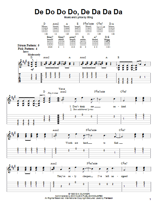 The Police De Do Do Do, De Da Da Da Sheet Music Notes & Chords for Bass Guitar Tab - Download or Print PDF