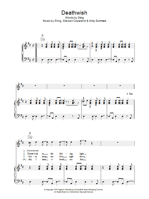 The Police Deathwish Sheet Music Notes & Chords for Piano, Vocal & Guitar - Download or Print PDF