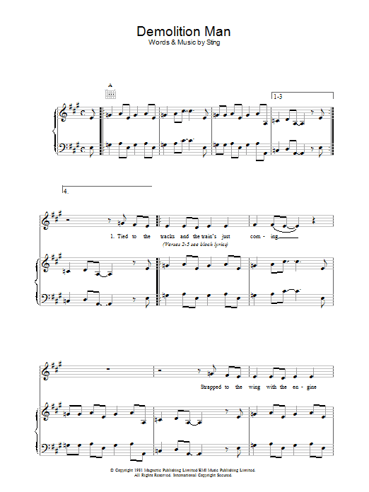 The Police Demolition Man Sheet Music Notes & Chords for Piano, Vocal & Guitar (Right-Hand Melody) - Download or Print PDF