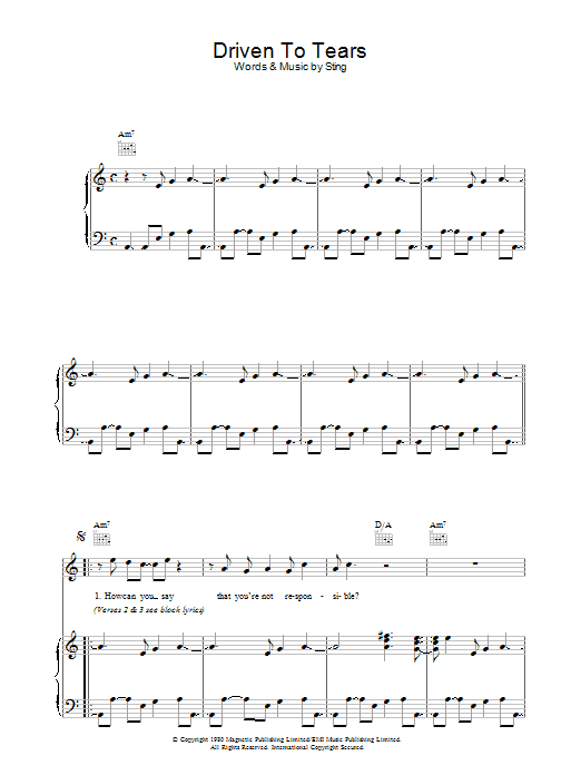 The Police Driven To Tears Sheet Music Notes & Chords for Piano, Vocal & Guitar - Download or Print PDF