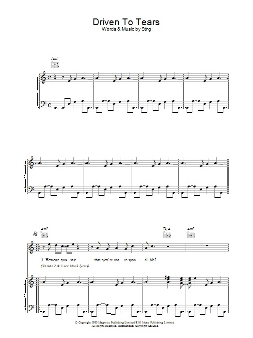 The Police Driven To Tears Sheet Music Notes & Chords for Piano, Vocal & Guitar (Right-Hand Melody) - Download or Print PDF