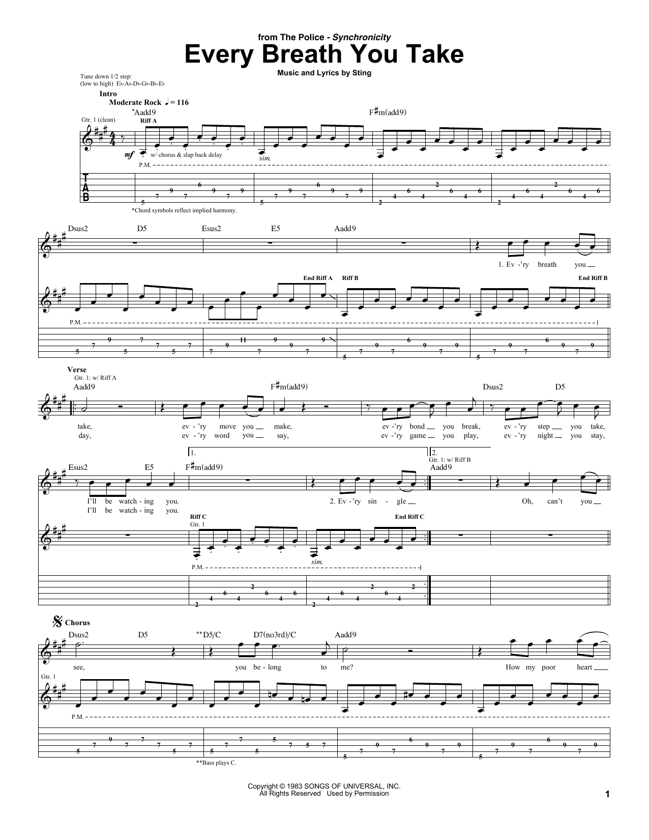 The Police Every Breath You Take Sheet Music Notes & Chords for Easy Guitar Tab - Download or Print PDF
