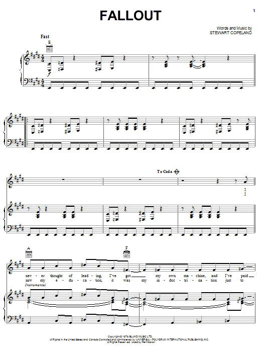 The Police Fallout Sheet Music Notes & Chords for Piano, Vocal & Guitar (Right-Hand Melody) - Download or Print PDF