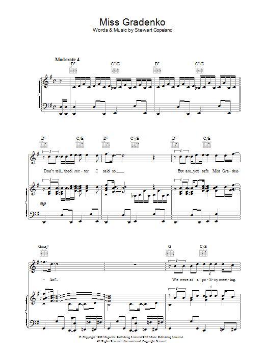 The Police Miss Gradenko Sheet Music Notes & Chords for Piano, Vocal & Guitar (Right-Hand Melody) - Download or Print PDF