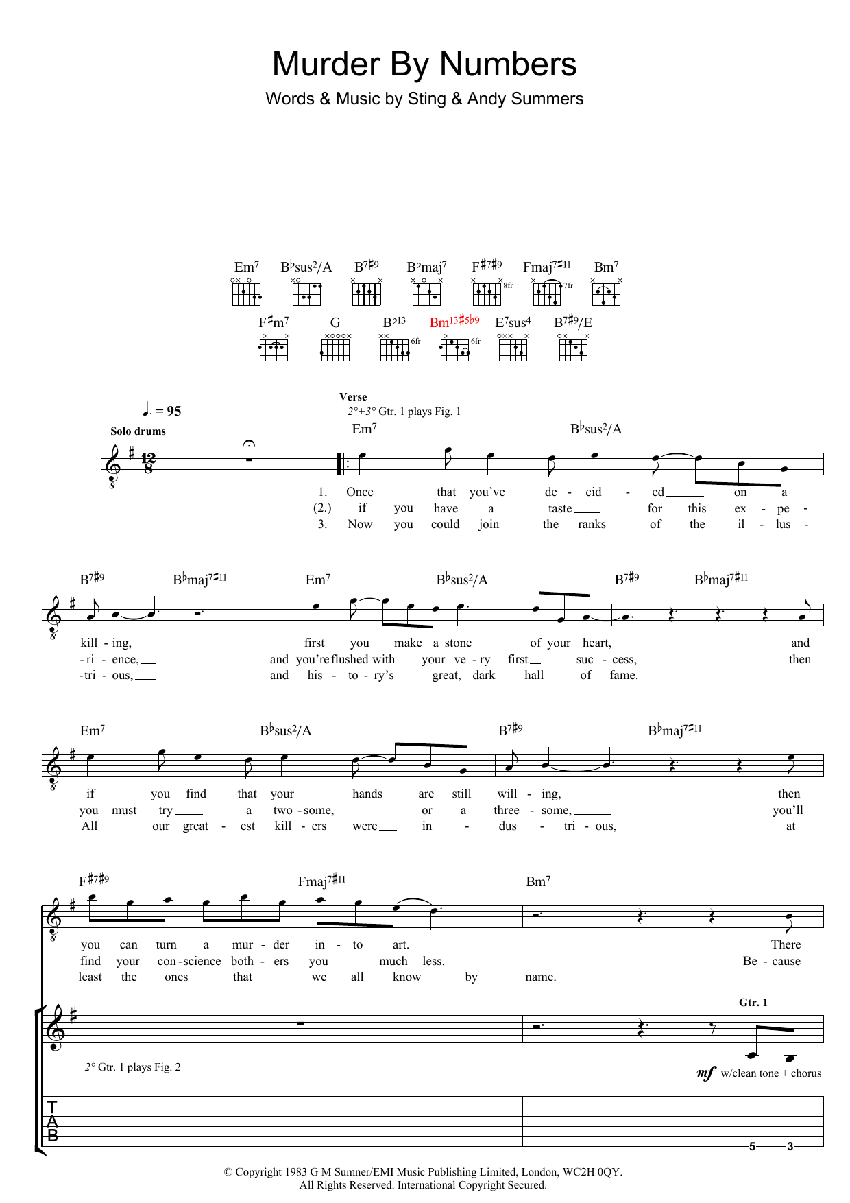 The Police Murder By Numbers Sheet Music Notes & Chords for Lyrics & Chords - Download or Print PDF
