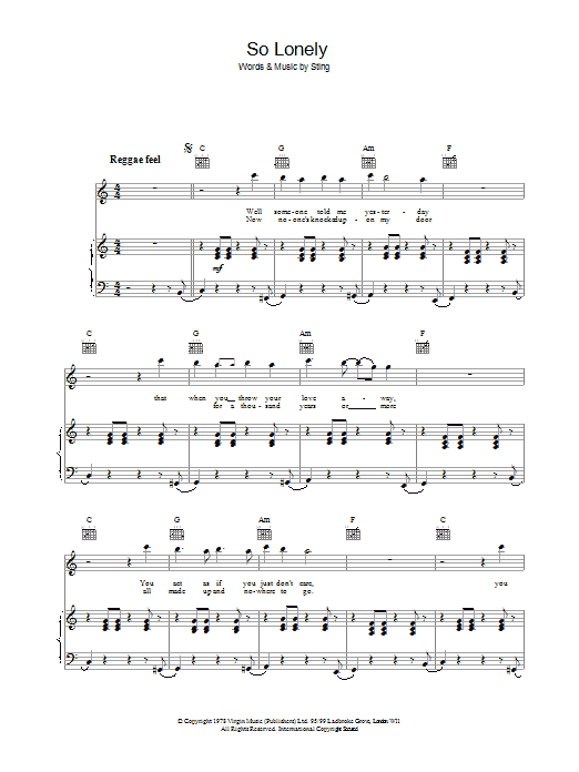 The Police So Lonely Sheet Music Notes & Chords for Piano, Vocal & Guitar - Download or Print PDF