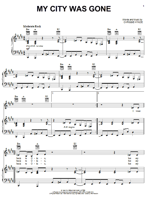 The Pretenders My City Was Gone Sheet Music Notes & Chords for Piano, Vocal & Guitar (Right-Hand Melody) - Download or Print PDF