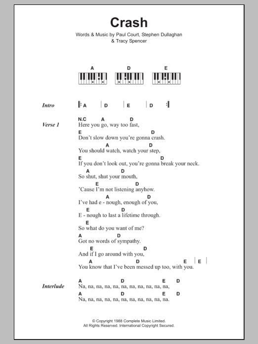 The Primitives Crash Sheet Music Notes & Chords for Lyrics & Piano Chords - Download or Print PDF