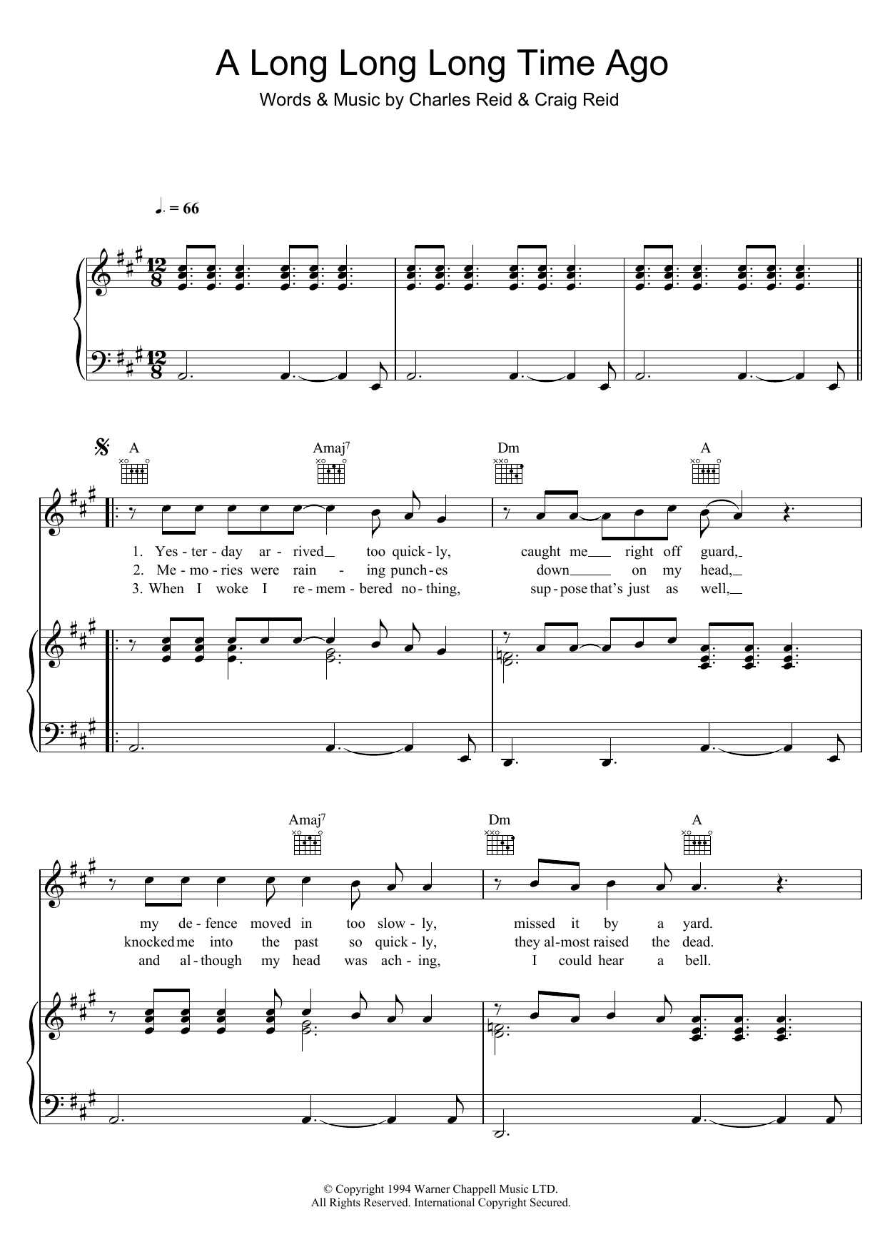 The Proclaimers A Long Long Long Time Ago Sheet Music Notes & Chords for Piano, Vocal & Guitar (Right-Hand Melody) - Download or Print PDF