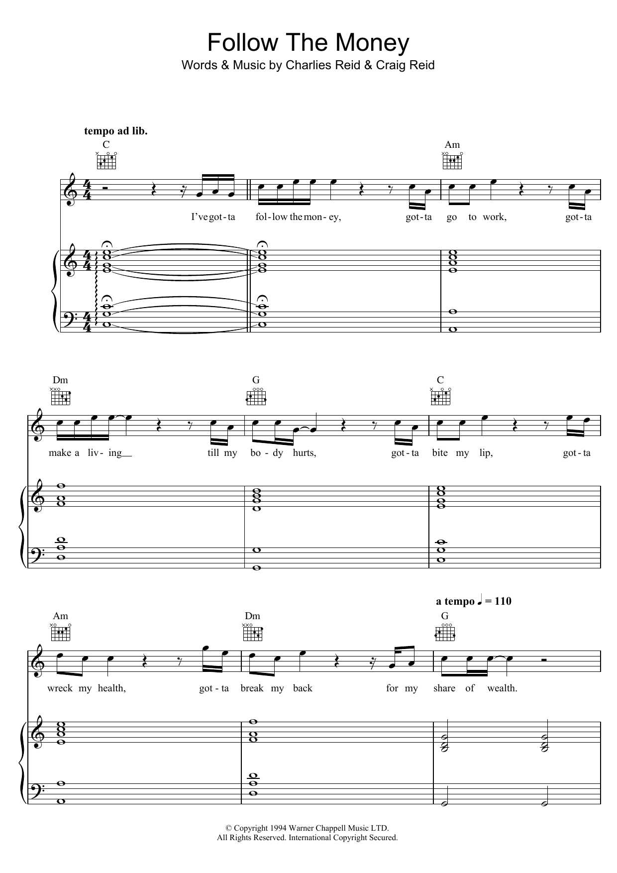 The Proclaimers Follow The Money Sheet Music Notes & Chords for Piano, Vocal & Guitar - Download or Print PDF