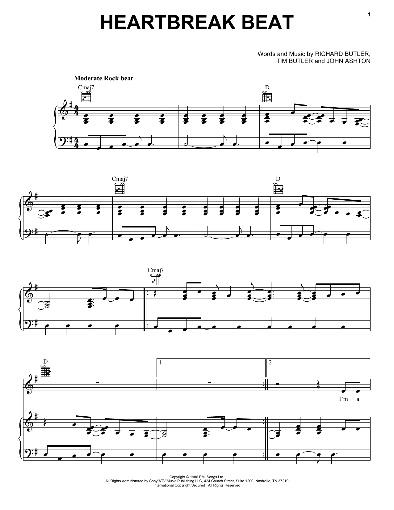 The Psychedelic Furs Heartbreak Beat Sheet Music Notes & Chords for Piano, Vocal & Guitar (Right-Hand Melody) - Download or Print PDF