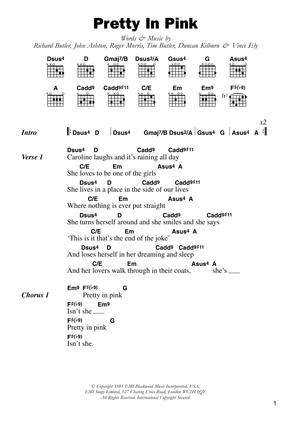 The Psychedelic Furs Pretty In Pink Sheet Music Notes & Chords for Lyrics & Chords - Download or Print PDF