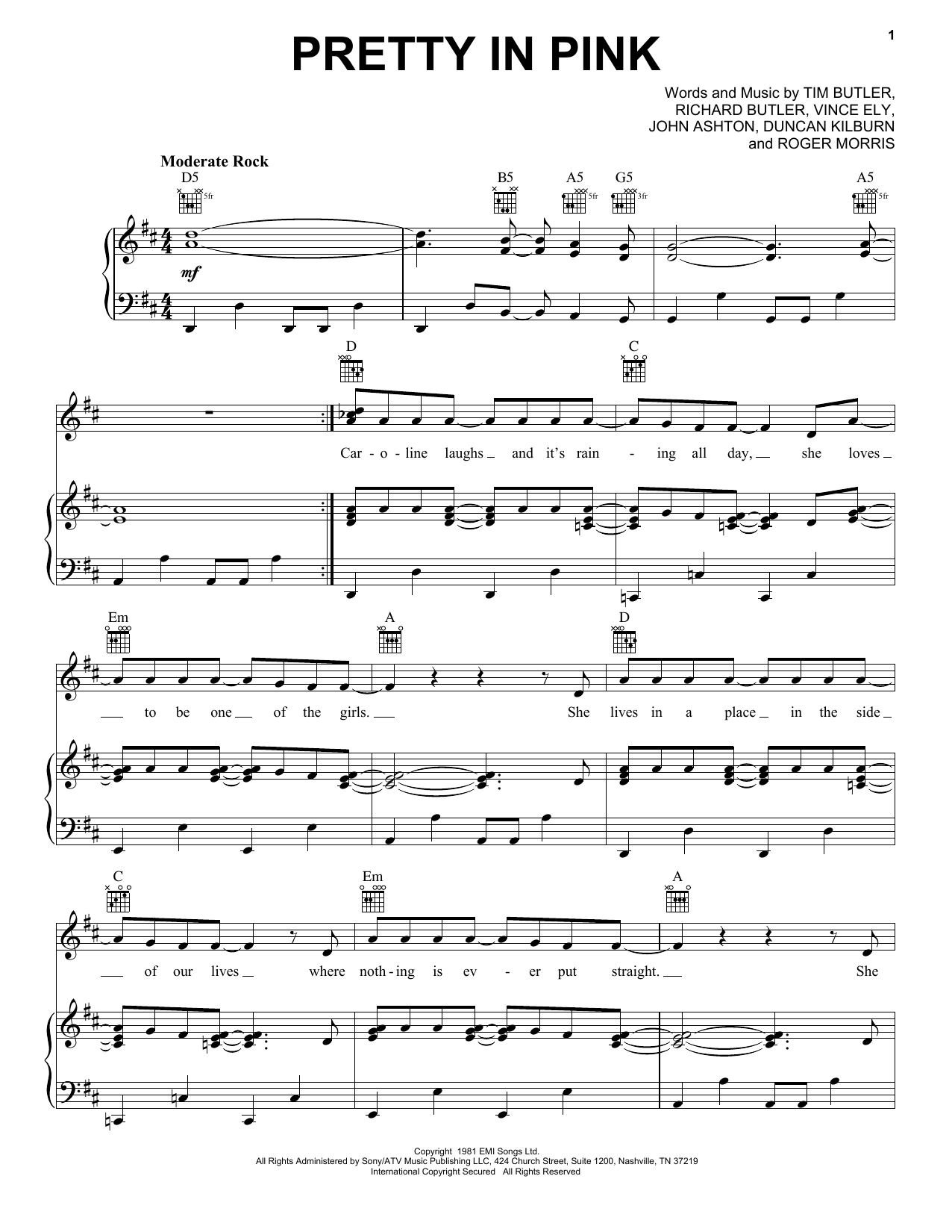 The Psychedelic Furs Pretty In Pink Sheet Music Notes & Chords for Lyrics & Chords - Download or Print PDF