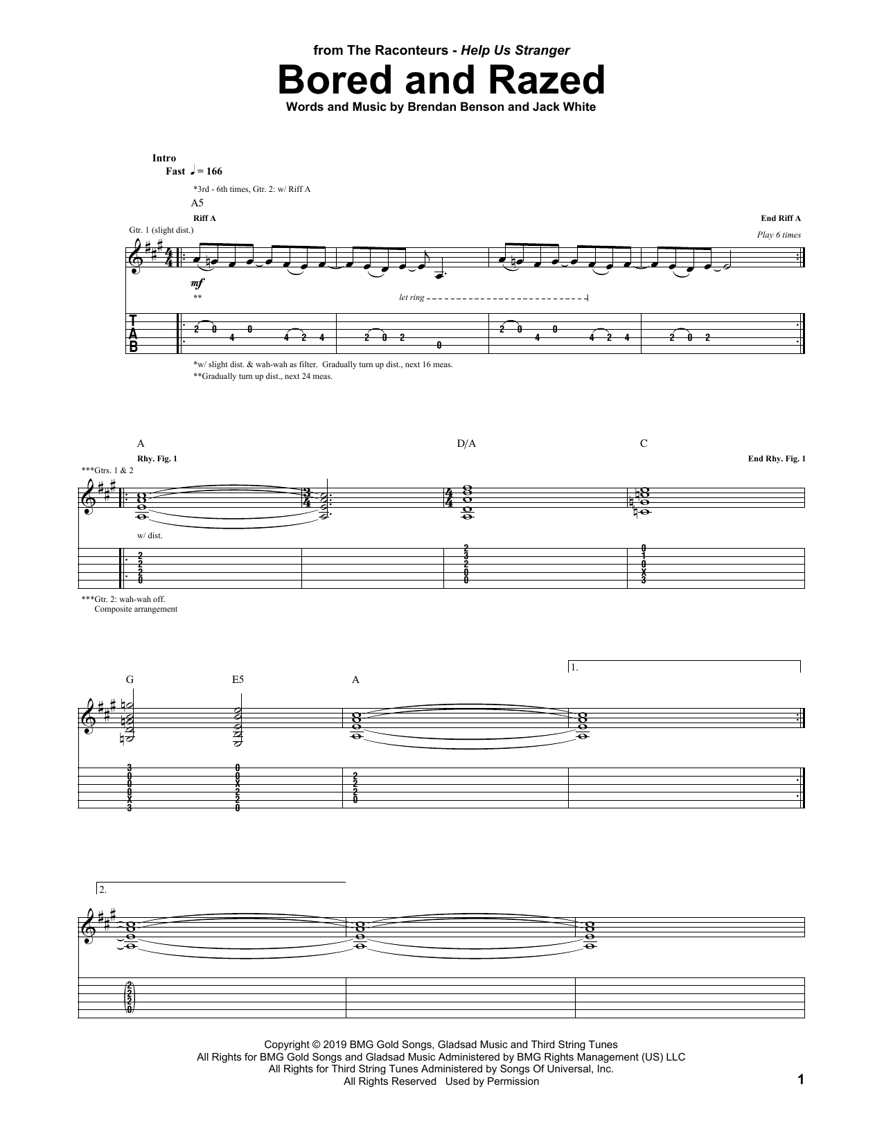 The Raconteurs Bored And Razed Sheet Music Notes & Chords for Guitar Tab - Download or Print PDF
