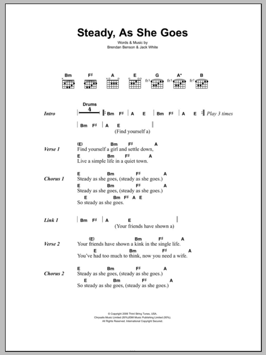 The Raconteurs Steady, As She Goes Sheet Music Notes & Chords for Lyrics & Chords - Download or Print PDF