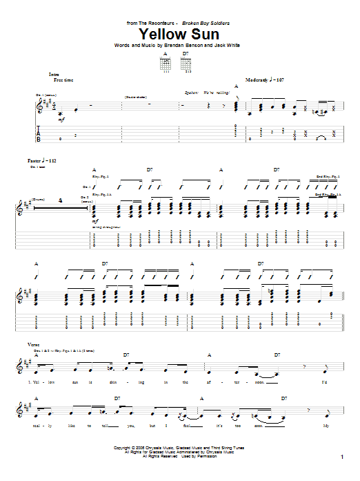 The Raconteurs Yellow Sun Sheet Music Notes & Chords for Guitar Tab - Download or Print PDF