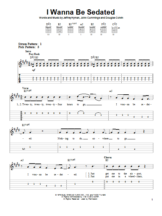 The Ramones I Wanna Be Sedated Sheet Music Notes & Chords for Easy Guitar Tab - Download or Print PDF