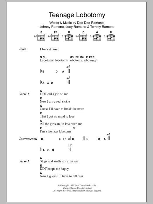 Ramones Teenage Lobotomy Sheet Music Notes & Chords for Lyrics & Chords - Download or Print PDF