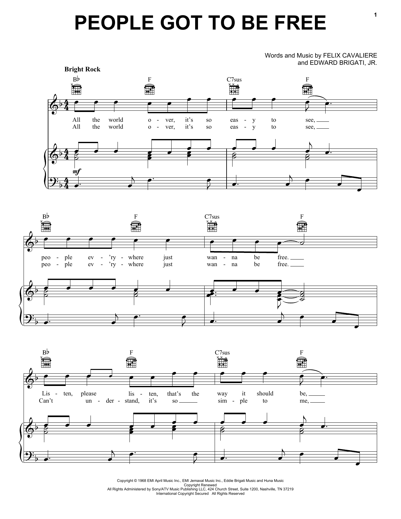 The Rascals People Got To Be Free Sheet Music Notes & Chords for Piano (Big Notes) - Download or Print PDF