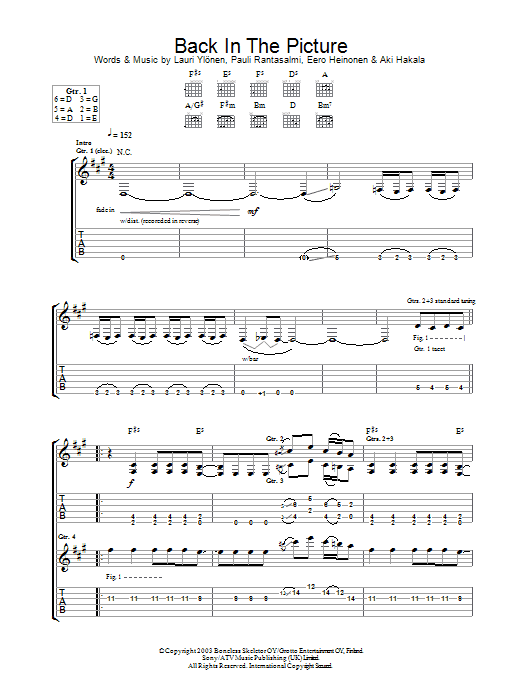 The Rasmus Back In The Picture Sheet Music Notes & Chords for Guitar Tab - Download or Print PDF