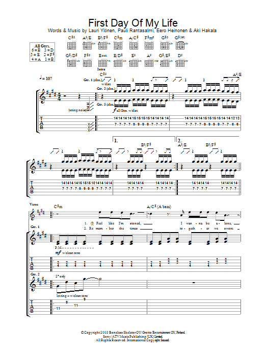 The Rasmus First Day Of My Life Sheet Music Notes & Chords for Guitar Tab - Download or Print PDF