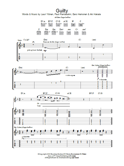 The Rasmus Guilty Sheet Music Notes & Chords for Guitar Tab - Download or Print PDF
