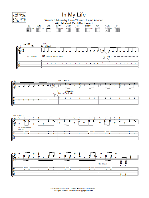 The Rasmus In My Life Sheet Music Notes & Chords for Guitar Tab - Download or Print PDF