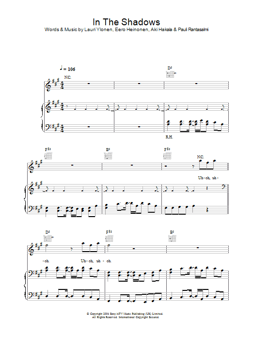 The Rasmus In The Shadows Sheet Music Notes & Chords for Piano, Vocal & Guitar - Download or Print PDF