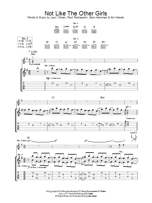 The Rasmus Not Like The Other Girls Sheet Music Notes & Chords for Guitar Tab - Download or Print PDF