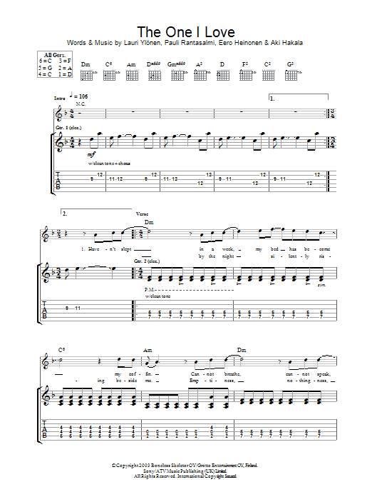 The Rasmus The One I Love Sheet Music Notes & Chords for Guitar Tab - Download or Print PDF
