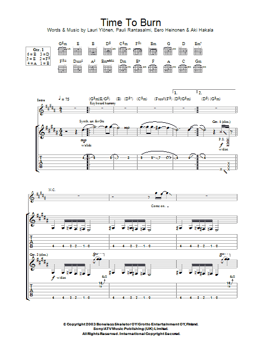 The Rasmus Time To Burn Sheet Music Notes & Chords for Guitar Tab - Download or Print PDF