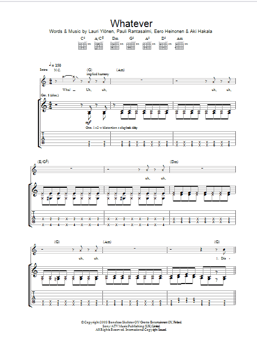 The Rasmus Whatever Sheet Music Notes & Chords for Guitar Tab - Download or Print PDF