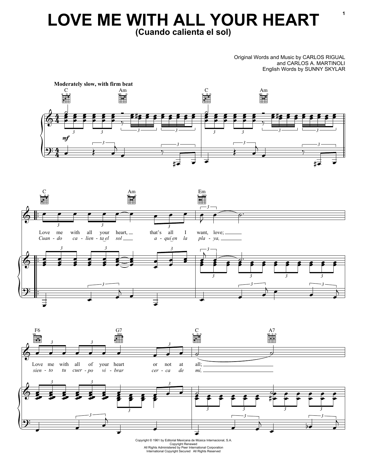 The Ray Charles Singers Love Me With All Your Heart (Cuando Calienta El Sol) Sheet Music Notes & Chords for Very Easy Piano - Download or Print PDF