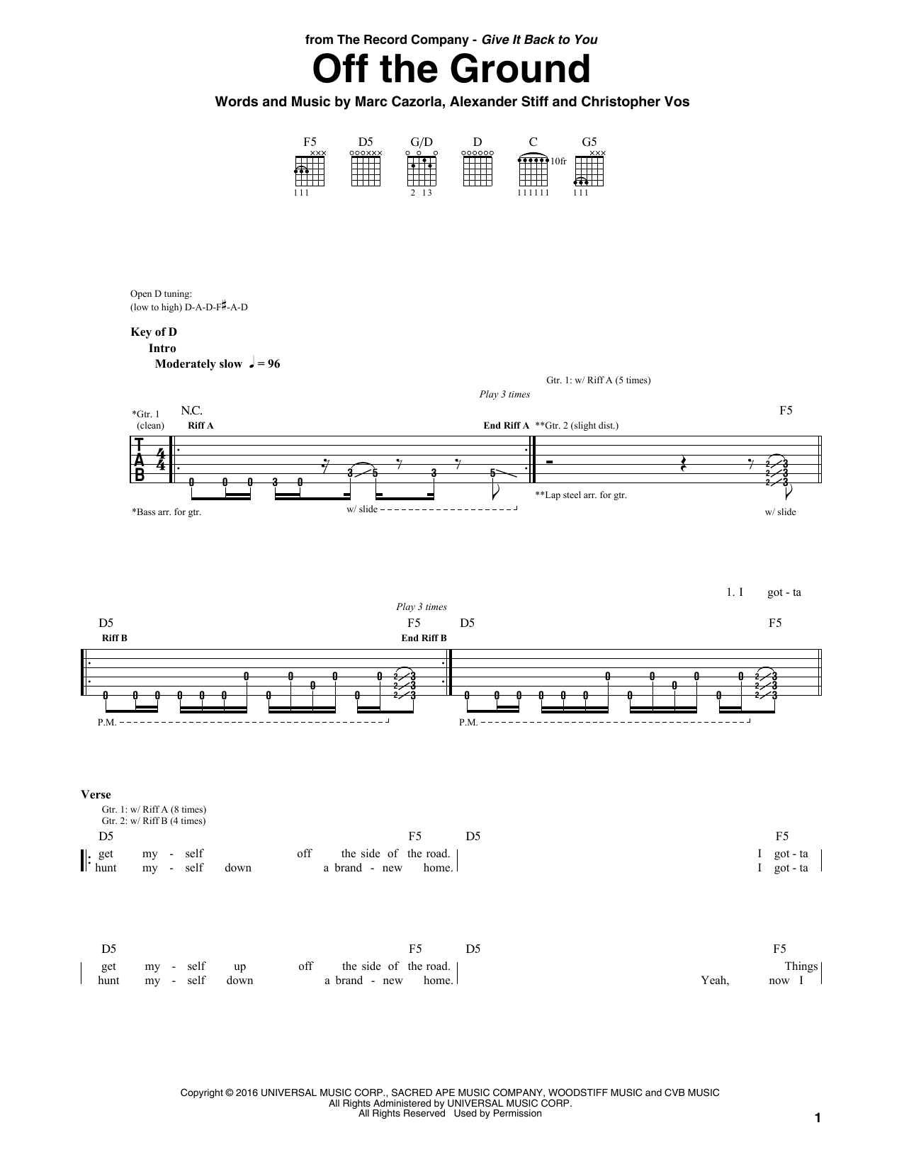 The Record Company Off The Ground Sheet Music Notes & Chords for Guitar Tab Play-Along - Download or Print PDF