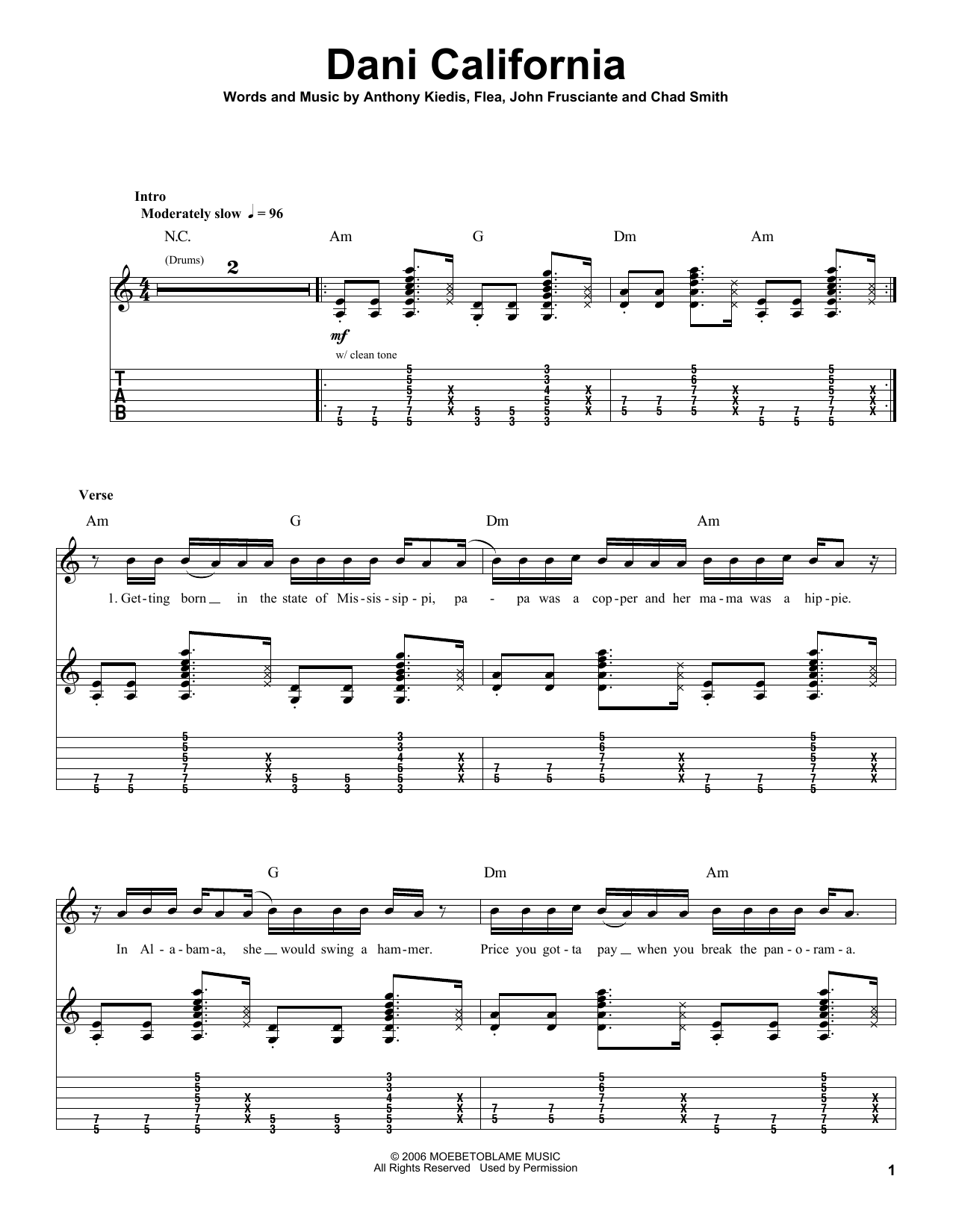 Red Hot Chili Peppers Dani California Sheet Music Notes & Chords for Guitar Tab Play-Along - Download or Print PDF