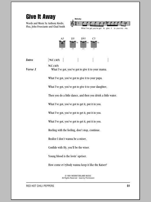 Red Hot Chili Peppers Give It Away Sheet Music Notes & Chords for Lyrics & Chords - Download or Print PDF