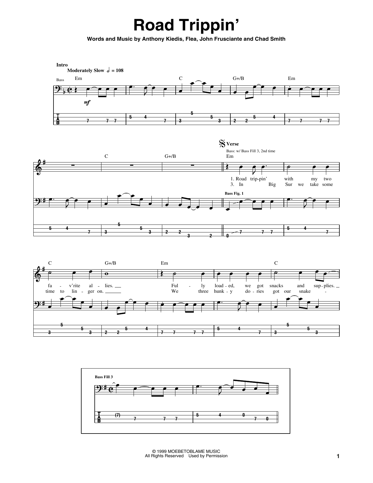 Red Hot Chili Peppers Road Trippin' Sheet Music Notes & Chords for Bass Guitar Tab - Download or Print PDF