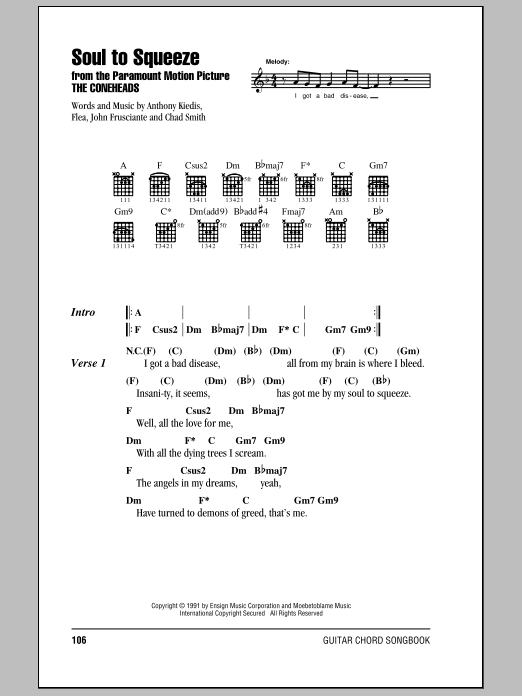Red Hot Chili Peppers Soul To Squeeze Sheet Music Notes & Chords for Lyrics & Chords - Download or Print PDF