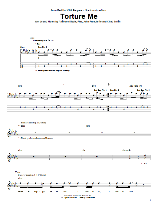 Red Hot Chili Peppers Torture Me Sheet Music Notes & Chords for Bass Guitar Tab - Download or Print PDF