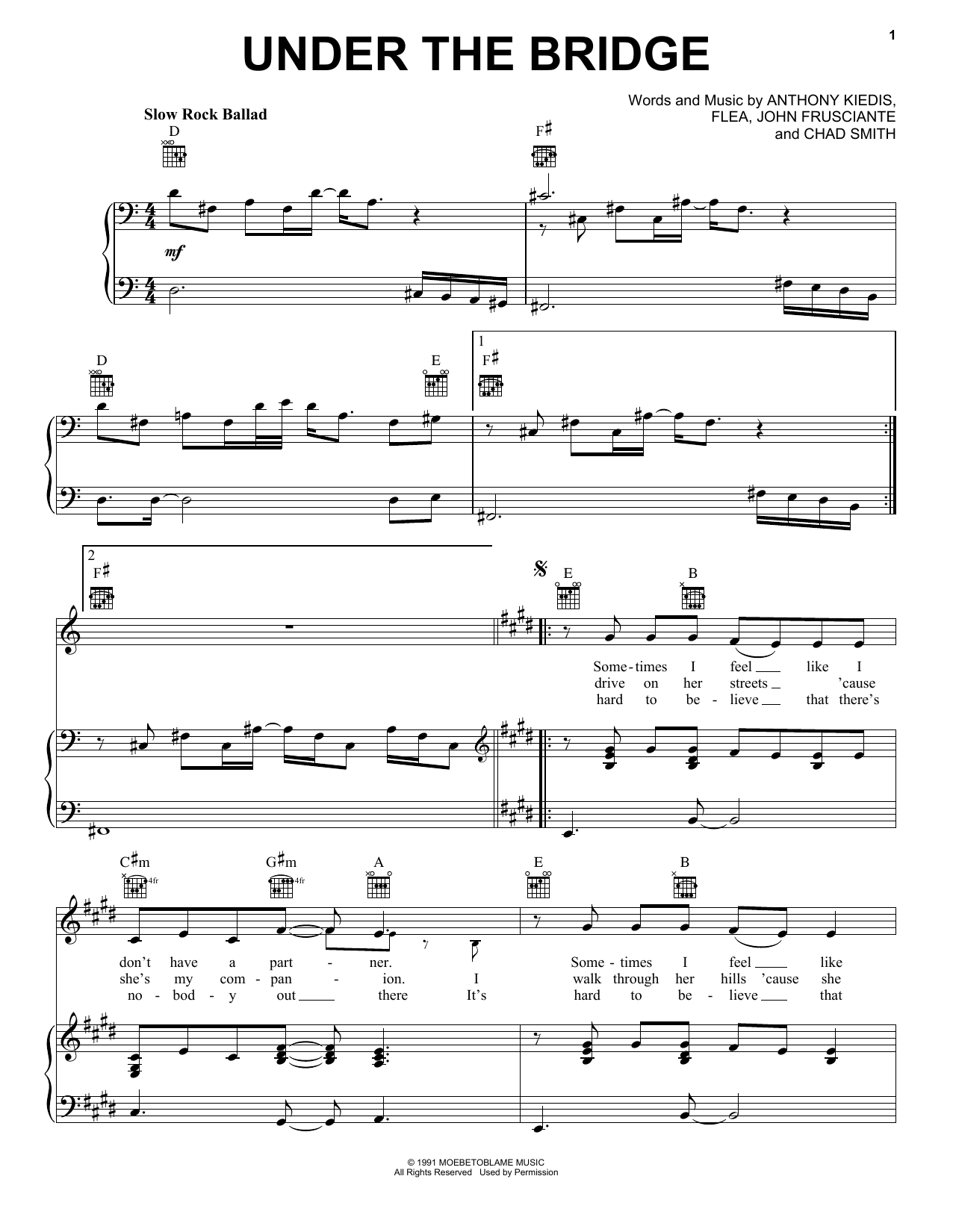 Red Hot Chili Peppers Under The Bridge Sheet Music Notes & Chords for Bass Guitar Tab - Download or Print PDF