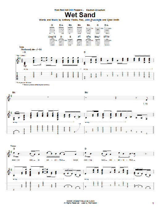 Red Hot Chili Peppers Wet Sand Sheet Music Notes & Chords for Guitar Tab - Download or Print PDF