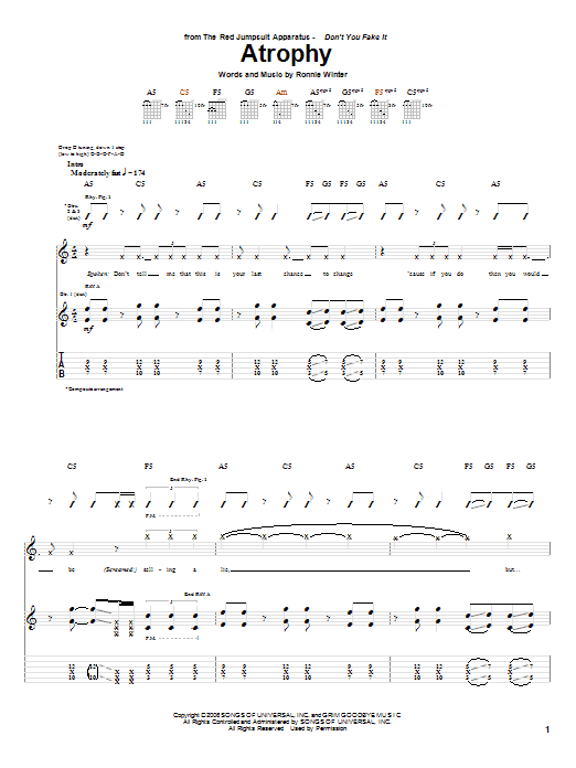 The Red Jumpsuit Apparatus Atrophy Sheet Music Notes & Chords for Guitar Tab - Download or Print PDF