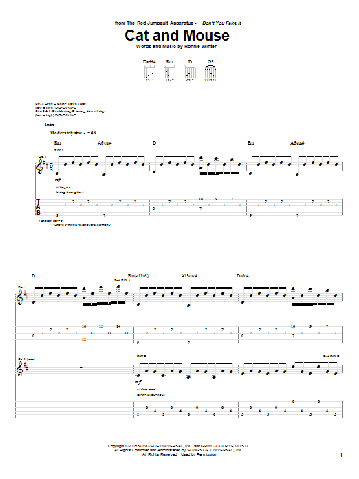 The Red Jumpsuit Apparatus Cat And Mouse Sheet Music Notes & Chords for Guitar Tab - Download or Print PDF