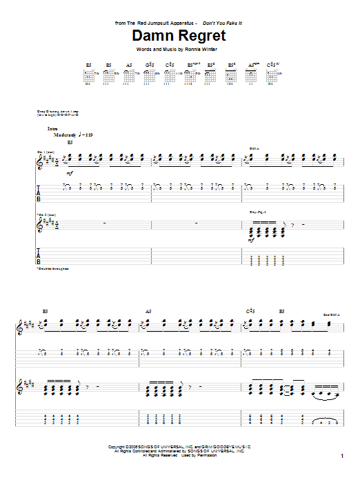 The Red Jumpsuit Apparatus Damn Regret Sheet Music Notes & Chords for Guitar Tab - Download or Print PDF