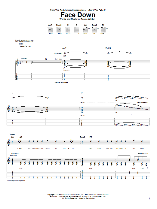 The Red Jumpsuit Apparatus Face Down Sheet Music Notes & Chords for Guitar Tab - Download or Print PDF